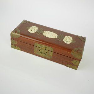 Handmade wood jewelry box with metal embossed corners & carved stone inlay 10"